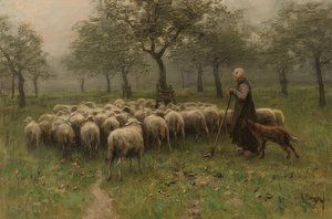 Bergère avec un troupeau de moutons