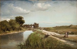 Paysage fluvial français avec un pont