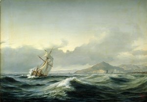 Paysage marin avec un voilier dans une mer agitée. En arrière-plan, une côte rocheuse - Anton Melbye