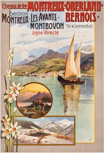 Affiche publicitaire pour les voyages en train Montreux-Oberland-Bernois, c. 1910