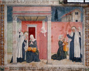 Vie de Sainte Françoise Romaine (santa Francesca romana) (1384-1440) : la sainte ressuscite un enfant non baptisé que sa mère avait accidentellement étouffé dans son sommeil - Antoniazzo Romano