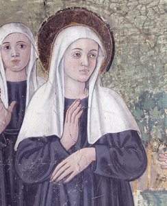 Vie de Sainte Francesca Romana : À son retour de la basilique Saint-Paul, la sainte fut prise en extase, dans un ruisseau mais se releva parfaitement sèche (détail) - Antoniazzo Romano