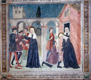 Vie de Sainte Francesca Romana : La sainte guérit un homme blessé - Antoniazzo Romano