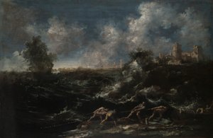 Paysage marin avec pêcheur tirant des filets - Antonio Francesco Peruzzini