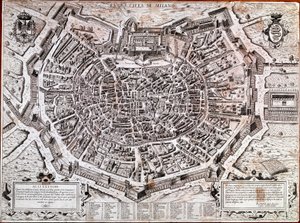 Plan de la ville de Milan édité par Antonio Lafreri (Lafrery ou Lanfrerius) (1512-1577) en 1573. C