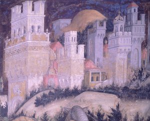 Saint Georges et la princesse, ville fortifiée, par Antonio Pisanello, fresque, Basilique de Sainte-Anastasie, Vérone - Antonio Pisanello