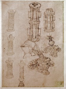 Trois casques surmontés de cimiers et deux pièces de canons démantelés - Antonio Pisanello