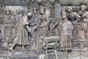 Colomb et les Rois Catholiques, détail de la Présentation de Colomb aux Rois Catholiques au Salon del Tinell à Barcelone (bronze) - Antonio Susillo Fernandez