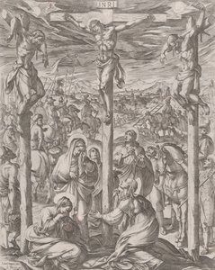 Le Christ crucifié entre les deux voleurs, les trois Marie au pied de la croix - Antonio Tempesta