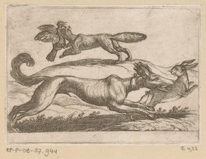 Un renard attaque une poule et un chien un lièvre - Antonio Tempesta