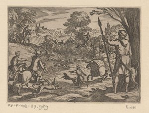 Chasse aux lapins avec des hommes chassant des lapins depuis les buissons (Primo libro di caccie varie) - Antonio Tempesta