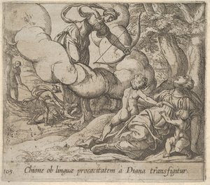 Planche 105 : Diane visant son arc vers Chione, accompagnée de deux enfants, dans un autre..., 1606 - Antonio Tempesta