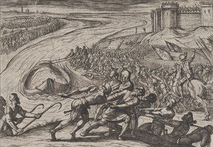 Planche 12 : Tirer un navire chargé de grain vers le rivage, de La guerre des Romains contre..., 1611 - Antonio Tempesta