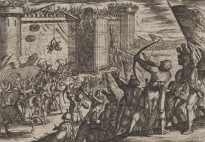 Planche 14 : Nouvelle attaque sur la vieille forteresse, de La guerre des Romains contre les Bataves..., 1611 - Antonio Tempesta