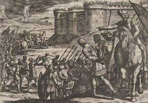 Planche 16: Captifs romains devant la vieille forteresse, de La Guerre des Romains contre les B..., 1611 - Antonio Tempesta