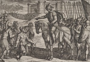 Hommes de la forteresse se rendent et jurent leur vie à Civilis, de La Guerre ..., 1611 - Antonio Tempesta