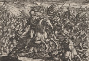 Planche 30 : Cerialis chassant les Hollandais dans le Rhin, de La Guerre des Romains contre les..., 1611 - Antonio Tempesta