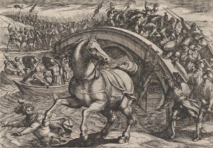 Planche 31 : Civilis forcé de descendre de cheval et de traverser la rivière à la nage, de La Guerre des Romains..., 1611 - Antonio Tempesta