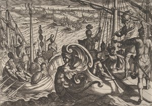 Planche 33 : Flottilles néerlandaises et romaines sur le Rhin, de La Guerre des Romains contre les B... - Antonio Tempesta