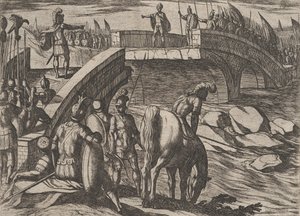 Planche 36: Civilis et Cerialis se rencontrent sur un pont brisé pour parvenir à un accord, de La Guerre des Bataves, 1611 - Antonio Tempesta