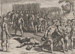 Planche 3 : Claudius Civilis arrêté et son frère Paulus décapité, de La Guerre des Ro..., 1611 - Antonio Tempesta