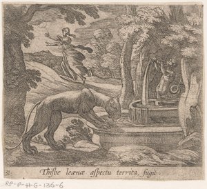Thisbé fuit devant la lionne à la fontaine (Thisbe leaenae aspectu territa fugit) (Metamorphoseon sive transformationum) (Metamorfosen van Ovidius) - Antonio Tempesta