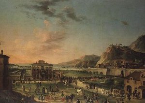 Un panorama capriccio du voyage de Charles III roi des Deux-Siciles, de sa villa à Portici au Palazzo Farnese à Rome - Antonio de dipi (attr. to) Joli