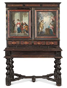 Cabinet (métal doré, doré partiel, écaille de tortue, ébène, ivoire et bois ébonisé et laqué avec peintures sur cuivre) - Antwerp School