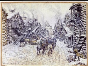 Vieux Moscou. Architecture traditionnelle en bois sous la neige - Apollinari Mikhailovich Vasnetsov