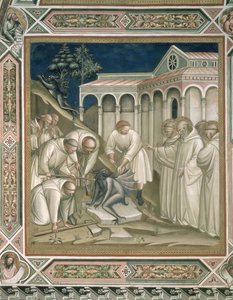 La pierre lourde (détail) de la vie de Saint Benoît (c.480-c.550), dans la sacristie, 1387