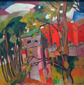 Paysage avec maison rouge