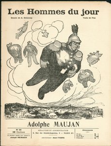 Couverture de "Les Hommes du jour", ca. 1905 - Illustration par Aristide Delannoy (1874-1911) : Ballons de baudruche - Clemenceau George, Jaurès Jean, Fallières Armand (1841-1931), Maujan Adolphe (1853-1914) - Aristide Delannoy