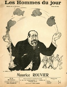 Couverture de "Les Hommes du jour", vers 1906 - Illustration par Aristide Delannoy (1874-1911) : Argent - Rouvier Maurice (1842-1911) - Jonglerie - Aristide Delannoy