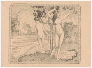 Deux baigneuses nues sous un arbre au bord de l