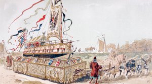 Une barge royale tirée sur un chariot par des chevaux vers un canal au 16e siècle - Armand Jean Heins