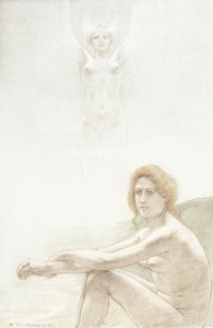 Nu féminin assis avec une figure féminine fantomatique en arrière-plan