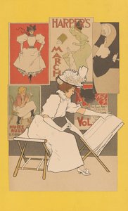 Femme assise à un stand regardant des estampes - Armand Rassenfosse