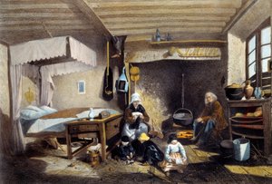 Intérieur paysan près de Royat en Auvergne. La mère coud, le père est assis près de la grande cheminée tandis que les enfants jouent. Lithographie par Armand Theophile Cassagne (1823-1907) 19ème siècle. Musée National des Arts et Traditions Populaires, Par - Armand Theophile Cassagne
