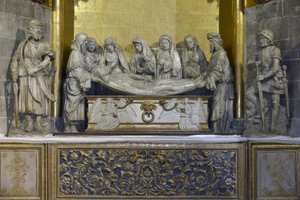 Le tombeau : le suaire du Christ est tenu par Nicomède et Joseph d