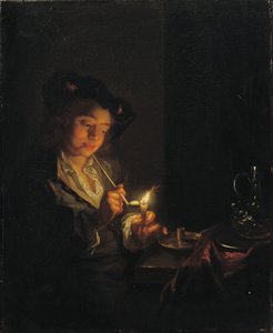 Intérieur éclairé à la bougie avec un jeune homme assis à une table, allumant sa pipe - Arnold Boonen