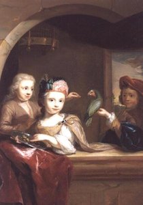 Trois enfants avec un perroquet