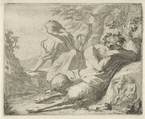 Satyre et figure féminine se couvrant les yeux contre la lumière du soleil Scène d