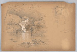 Deux esquisses, corbeau et cascade