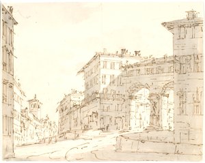 Partie de rue italienne avec église à gauche et portail à droite