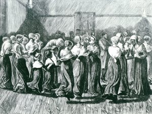 Shakers à une réunion : la danse religieuse, illustration de The Graphic, publiée le 14 mai 1870 - Arthur Boyd Houghton