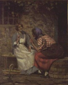 Scandale, deux filles bavardant devant un cottage - Arthur Claude Cooke