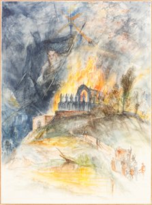 Un bâtiment ecclésiastique en flammes avec des démons au-dessus - Arthur Frederick Payne
