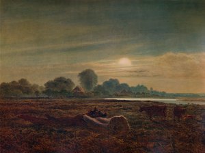 Scène de rivière au clair de lune, avec du bétail