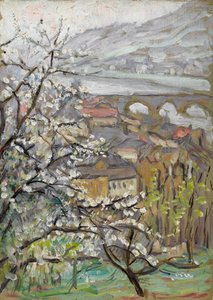 Vue à travers un verger sur un pont et un estuaire - Arthur Haythorne Studd