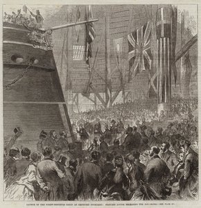 Lancement de la corvette à vis Druid au chantier naval de Deptford, la princesse Louise libérant le Dog-Shore